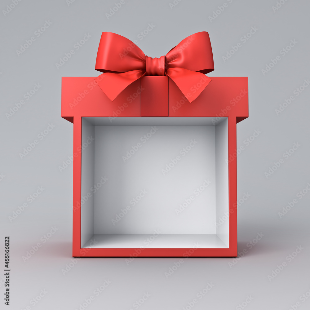 Poster blank red gift box exhibition booth stand or gift display showcase with red ribbon bow isolated on g