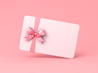 White gift card with pink ribbon bow isolated on pink pastel color background with shadow minimal concept 3D rendering