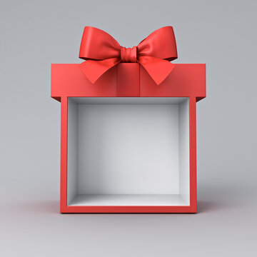 Blank red gift box exhibition booth stand or gift display showcase with red ribbon bow isolated on grey background minimal conceptual 3D rendering