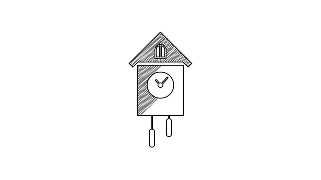 Black line Retro wall watch icon isolated on white background. Cuckoo clock sign. Antique pendulum clock. 4K Video motion graphic animation