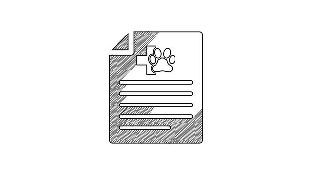 Black line Medical certificate for travel with dog or cat icon isolated on white background. Document for pet. Dog or cat paw print. 4K Video motion graphic animation