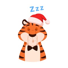 Napping funny tiger in Santa hat portrait isolated on white background. Adorable sleeping cartoon striped color character. Cute Chinese New Year symbol face. Christmas holiday flat vector illustration