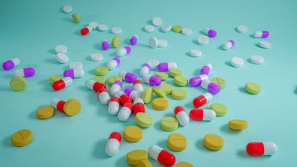 Colored Pills and Capsule Medicines Dropped on the Floor. Drug Drop 3D illustration on studio background. Medicine and Pharmaceutical Business Concept.
