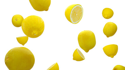 Lemons are falling into space. isolated on white background.