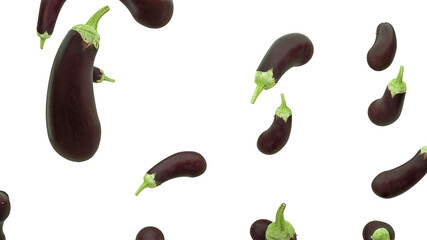 Aubergines are falling into space. isolated on white background.