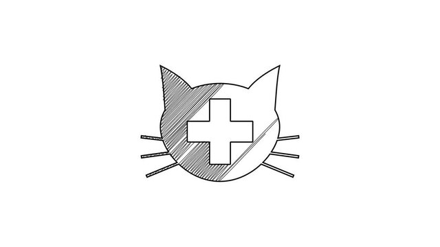 Black line Veterinary clinic symbol icon isolated on white background. Cross with cat veterinary care. Pet First Aid sign. 4K Video motion graphic animation