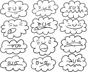 set of cartoon clouds with different expressions