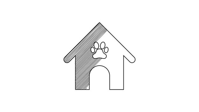 Black line Dog house and paw print pet icon isolated on white background. Dog kennel. 4K Video motion graphic animation