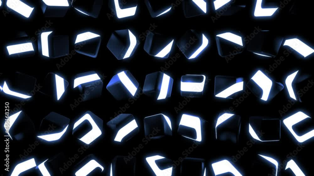 Poster 4k abstract loop background with cubes lined up in rows on a plane, blue neon lighting of cubes, smo