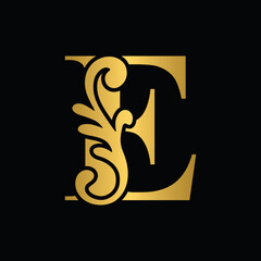 letter E golden flower  ornament. Vector logo. Monogram alphabet. Beautiful floral capital letters
