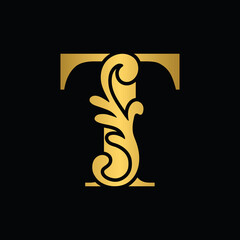 letter T golden flower  ornament. Vector logo. Monogram alphabet. Beautiful floral capital letters
