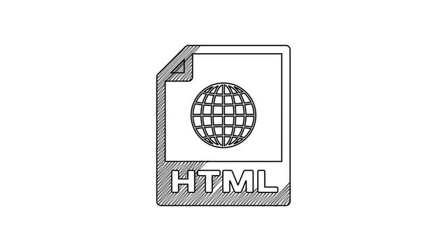 Black line HTML file document. Download html button icon isolated on white background. HTML file symbol. Markup language symbol. 4K Video motion graphic animation