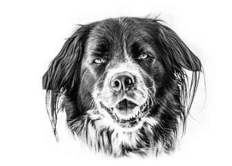 Portrait of a border collie mongrel dog in black and white on white background