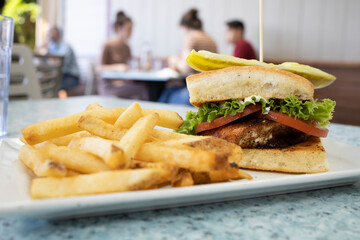 Blackened Salmon Sandwich and French Fries