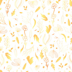 Vector seamless pattern of leaves and twigs. Golden botanical illustration