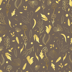Vector seamless pattern of leaves and twigs. Golden botanical illustration