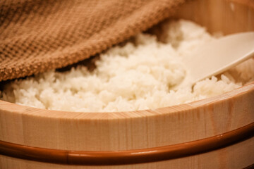 Making homemade sushi rice - preparation in progress 