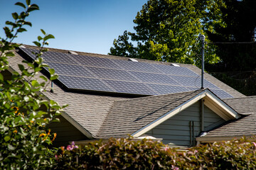 Everett, WA - USA 08-24-2021: Solar Panels on Roof of Home