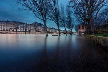 Paris, France - February 4, 2021: View of Paris flood as river Seine rises and approaches record...