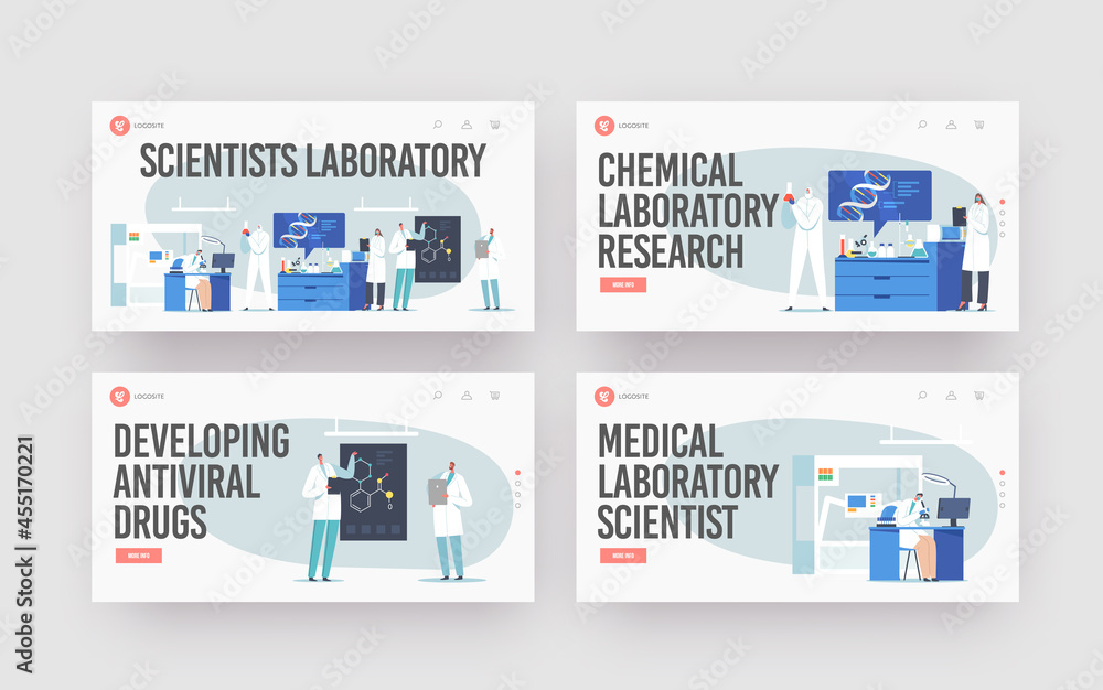 Poster scientific laboratory research landing page template set. scientist characters working with dna, loo