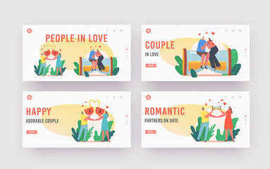 People in Love Landing Page Template Set. Happy Couples Relations, Loving Male Female Characters with Heart Lock Dating