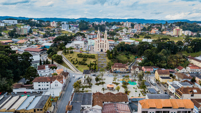 São Bento do Sul SC - Aerial view of the parish church and central square of São Bento do Sul, Santa Catarina