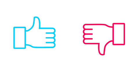 Iconos de manito hacia arriba y abajo. Concepto de me gusta y no me gusta. Aprobación y desaprobación. Ilustración vectorial