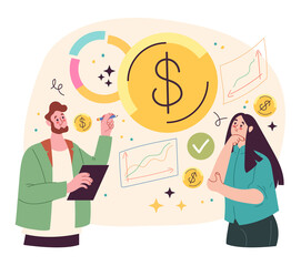 Woman and man character analyzing budget vector flat illustration