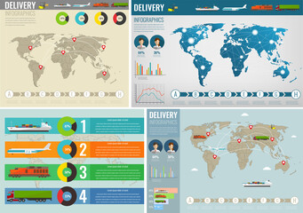 Transportation inforgraphic maps collection with charts, graphics and vehicles. Vector illustration