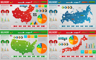 Transportation inforgraphic maps collection with charts, graphics and vehicles. Vector illustration