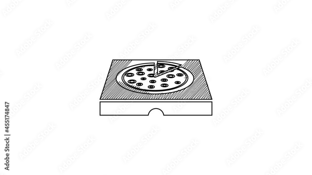Poster black line pizza in cardboard box icon isolated on white background. box with layout elements. 4k vi