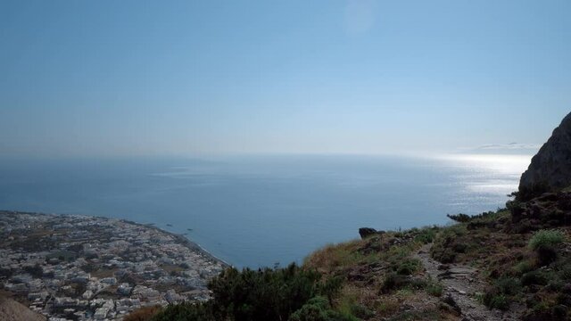 High panoramic view of Kamari from Ancient Thera on Santorini  island, Greece