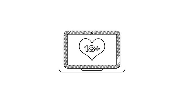 Black line Laptop computer with 18 plus content heart icon isolated on white background. Age restriction symbol. 18 plus content sign. Adult channel. 4K Video motion graphic animation
