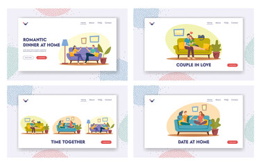 Obraz na płótnie Canvas Happy Couples Spend Time Landing Page Template Set. Man and Woman Sitting on Sofa at Home, Drink Wine, Hug, Chatting