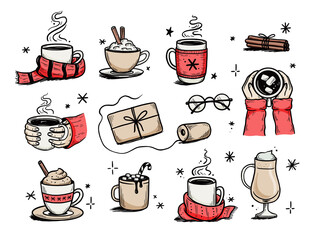 Christmas hot drink set of winter coffee, tea, chocolate. Hand drawn sketch style. Drink cup, mug with winter scarf. Vector illustration.