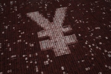 Yen currency symbol consisting of digital blocks. Blockchain concept, 3D rendering