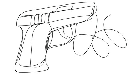 Short-barreled pistol in one line on a white background. A compact firearm that can be hidden. Stock illustration of a small female weapon for self-defense.