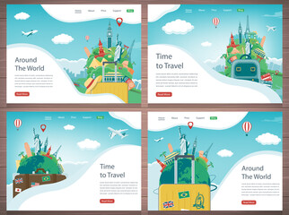 Travel and Tourism template with famous landmarks and travel stuff. Vector