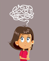 Puzzled Little Girl Solving Logical Problem Vector Cartoon