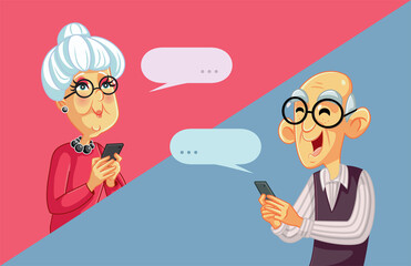 Senior Couple Exchanging Love Messages Vector Cartoon