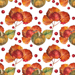 Autumn seamless pattern with watercolor plant food. Green pumpkin, orange and yellow branch leaves, red berry on white. Hand-drawn background for notebook, card, sketchbook, wrapping, menu