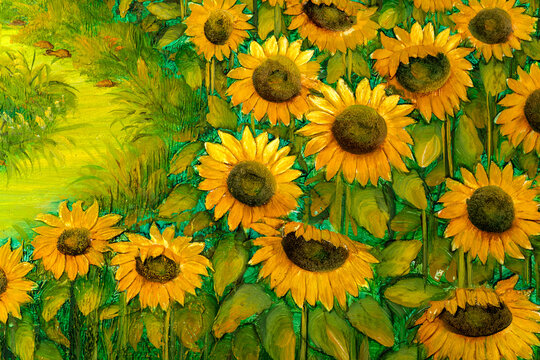 Fragment of vintage oil painting depicting sunflowers, heavily textured.