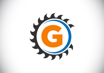 Initial G monogram alphabet with the saw blade. Carpentry, woodworking logo design. Font emblem. Modern vector logo for sawmill business and company identity