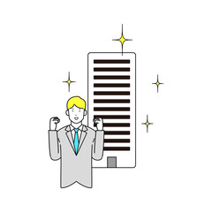 ビルの前で喜ぶ大学生