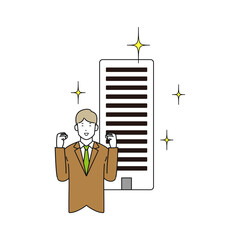 ビルの前で喜ぶ大学生