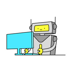 パソコンの前で仕事をする可愛いロボット