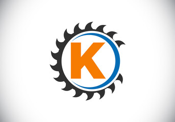 Initial K monogram alphabet with the saw blade. Carpentry, woodworking logo design. Font emblem. Modern vector logo for sawmill business and company identity