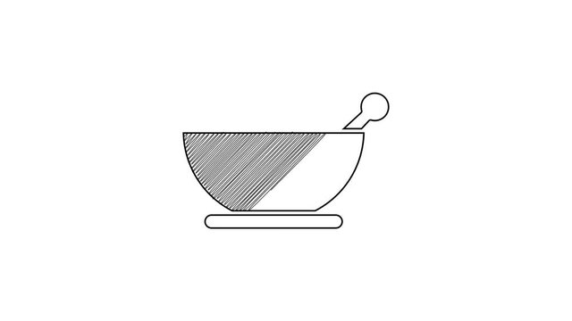 Black line Mortar and pestle icon isolated on white background. 4K Video motion graphic animation