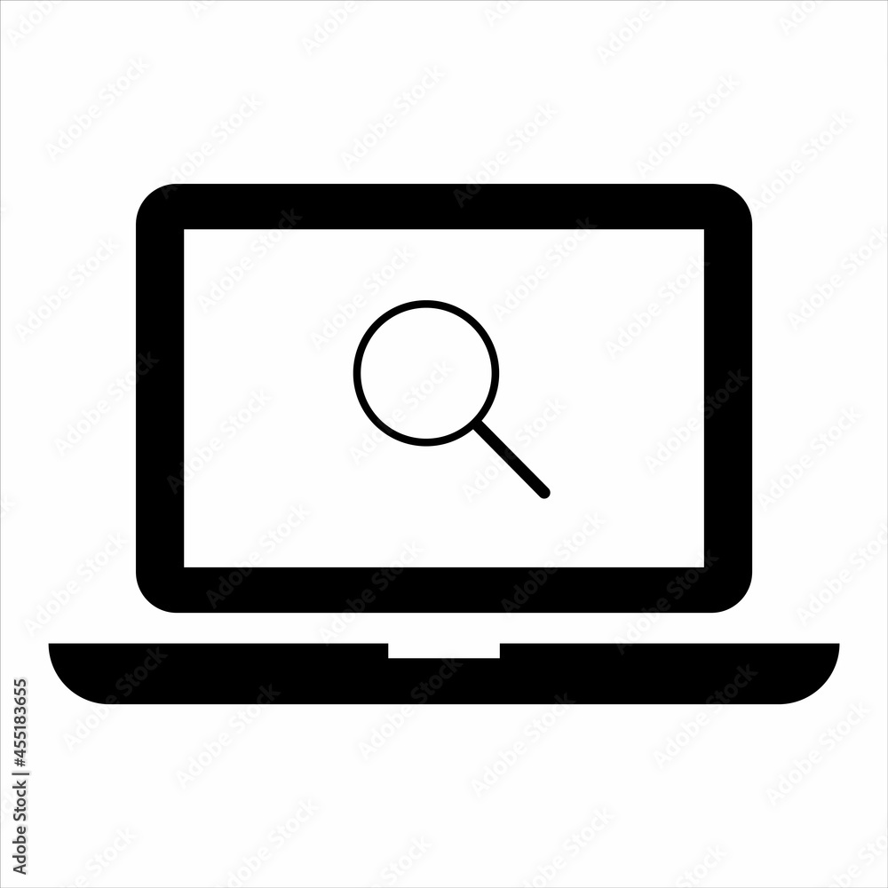 Poster laptop with search icon on white backdrop. internet search system. computer file. vector illustratio
