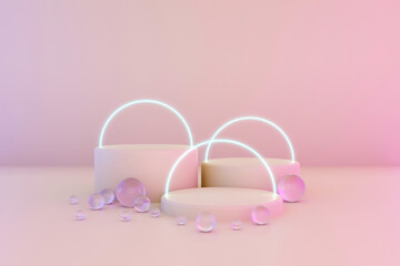 Pastel pink minimal three 3d background with neon effect. Poster design with studio podium platform, glass balls and glowing spheres. Abstract 3d render. Minimal stage for business concept.